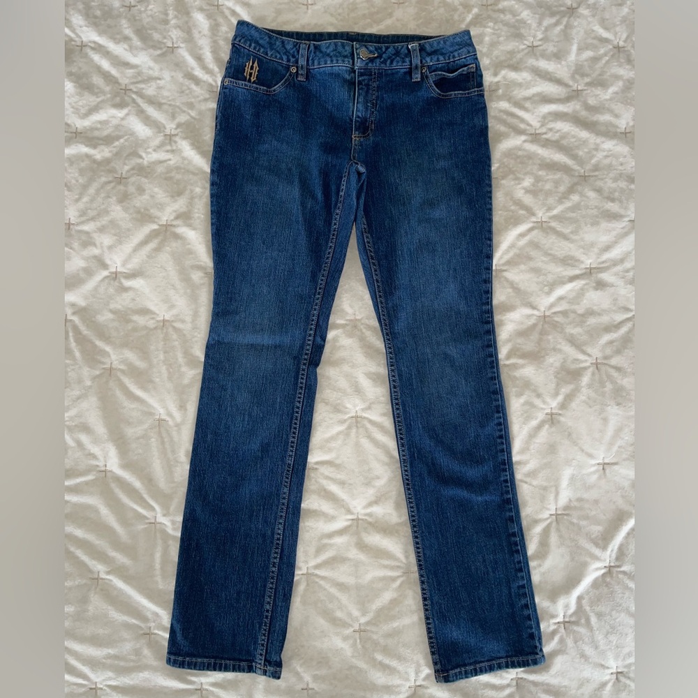 Harley Davidson Women’s Blue Jeans Straight Leg Denim Logo Pocket Size 8